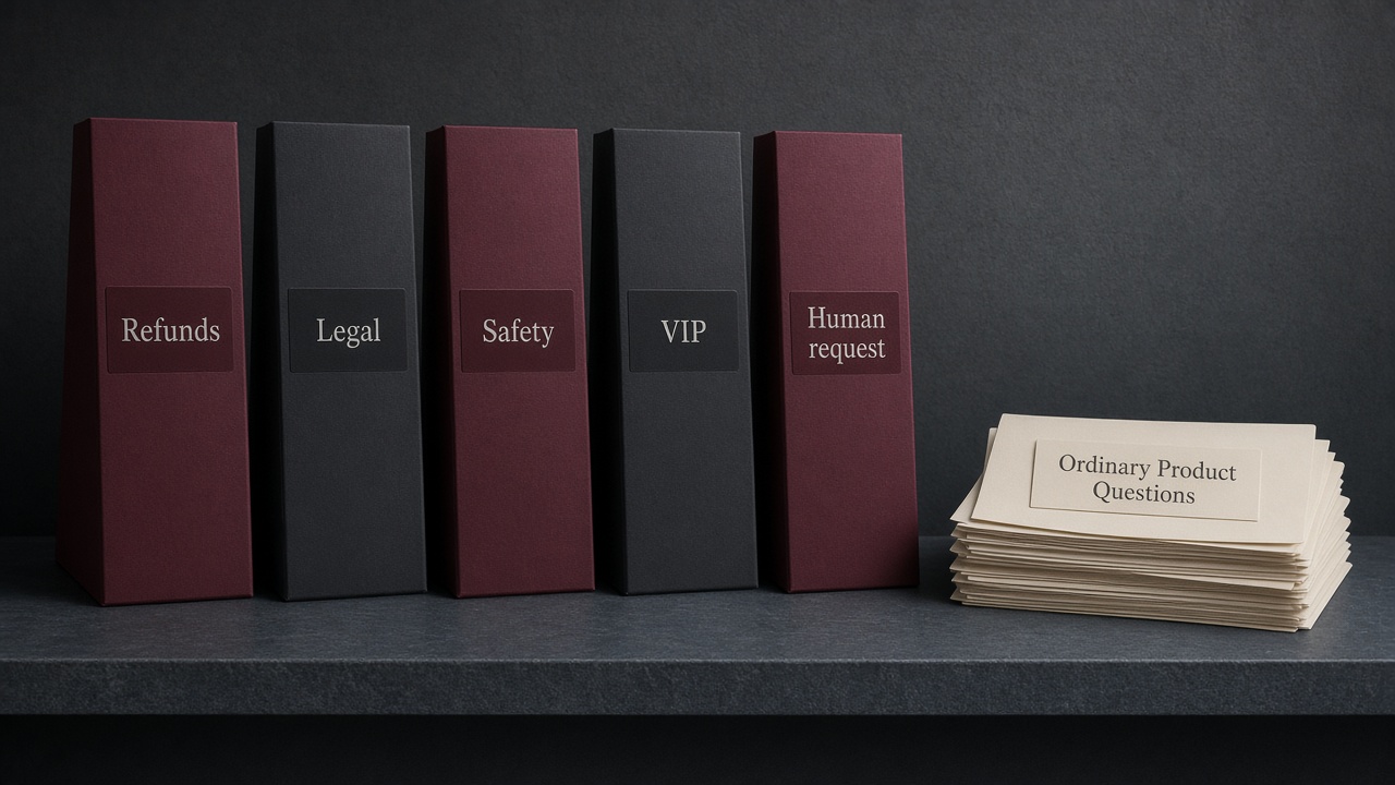 Escalation queue for AI concierge questions on refunds, legal, safety, VIP, and human requests