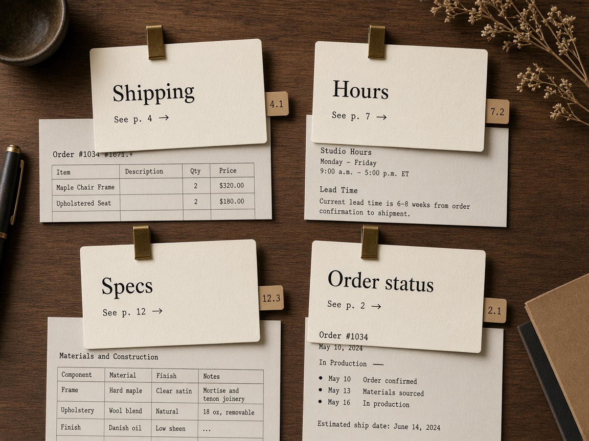 Allow-list of AI concierge questions tied to cited pages and order records