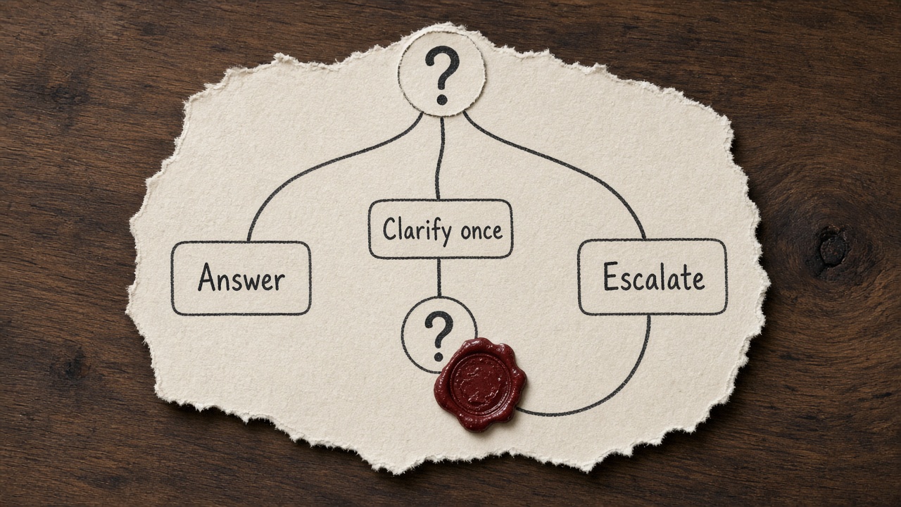 AI concierge decision flow: answer, clarify once, then escalate