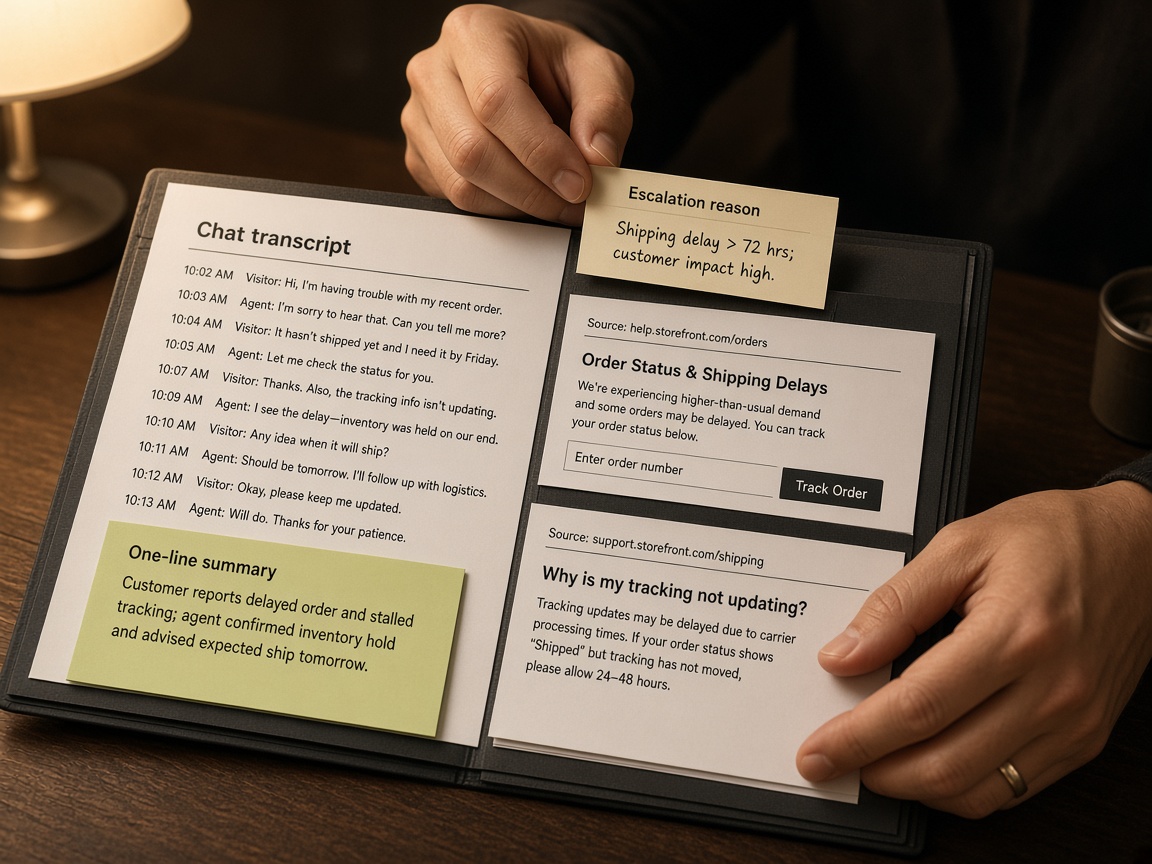 Human agent opening an AI concierge handoff with transcript, summary, reason, and cited pages