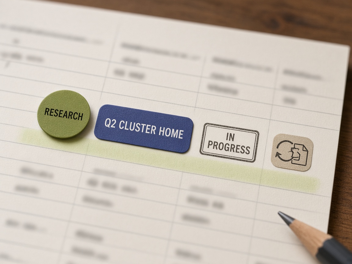 One SEO editorial calendar row showing a single keyword, cluster home, status, and action type