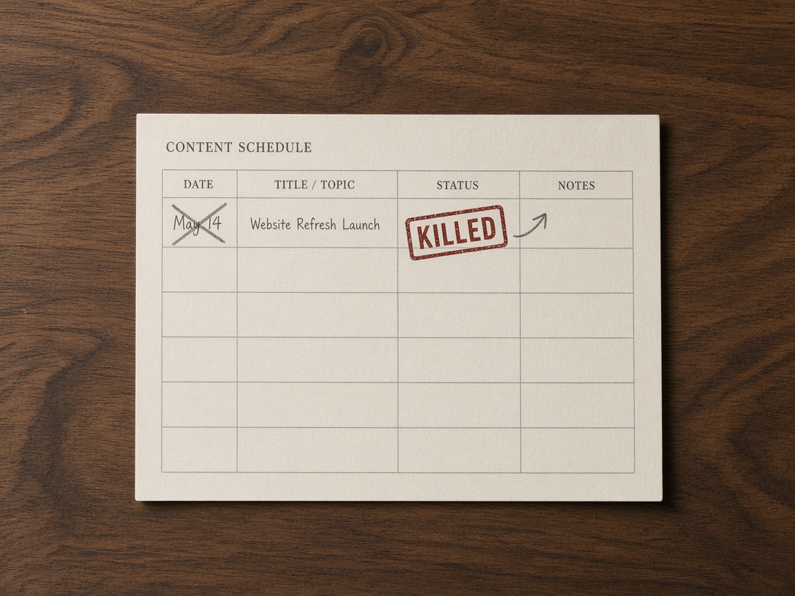SEO editorial calendar row with a crossed-out publish date and a kill mark instead of a new date