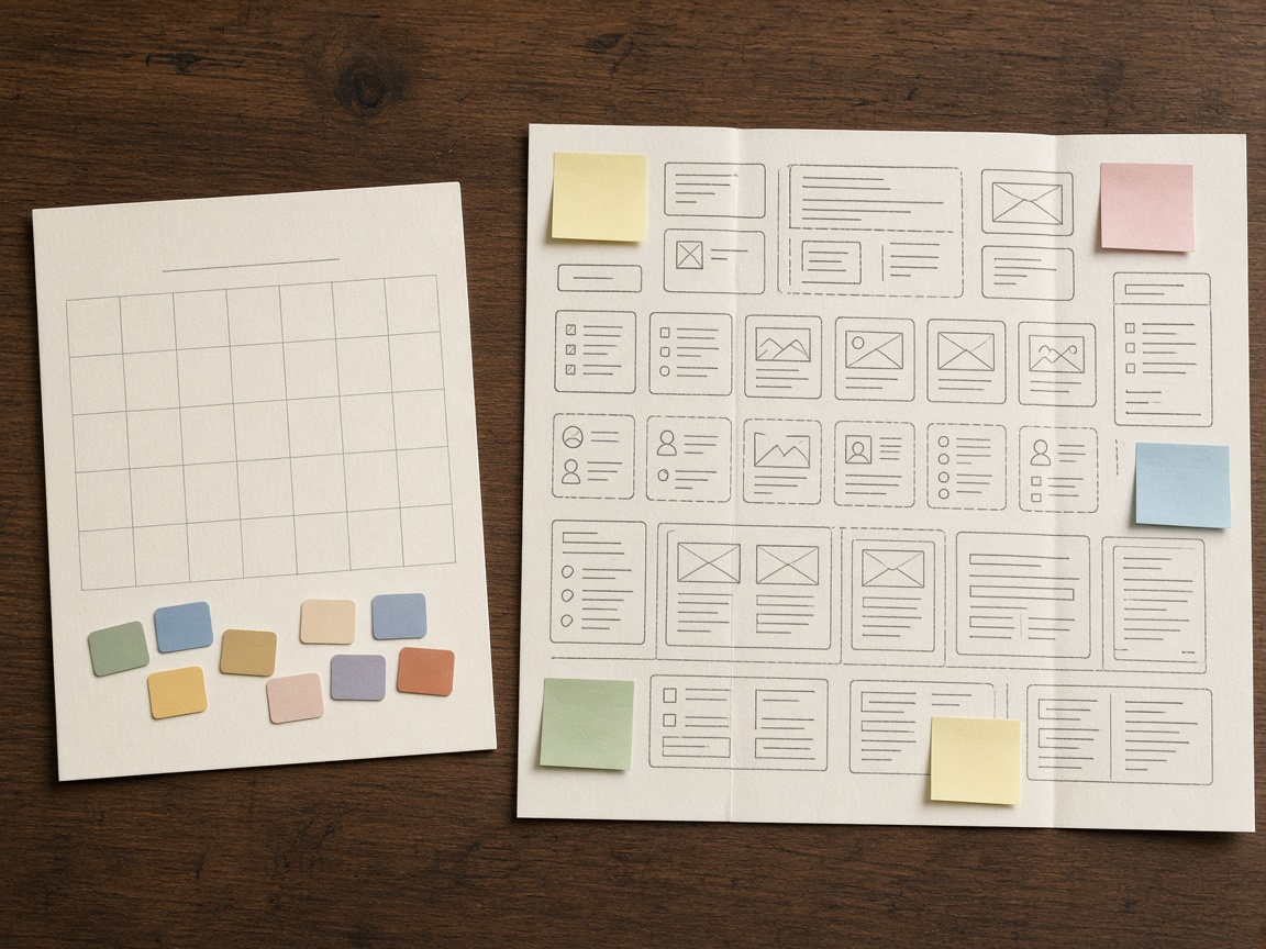 Short SEO editorial calendar beside a longer content brief that holds outline and SERP notes