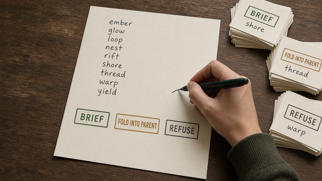Hands marking a short keyword list with brief, fold, or refuse for a long-tail too thin to brief
