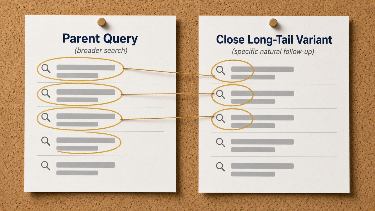 Two search result sheets showing SERP overlap between a parent query and a long-tail keyword