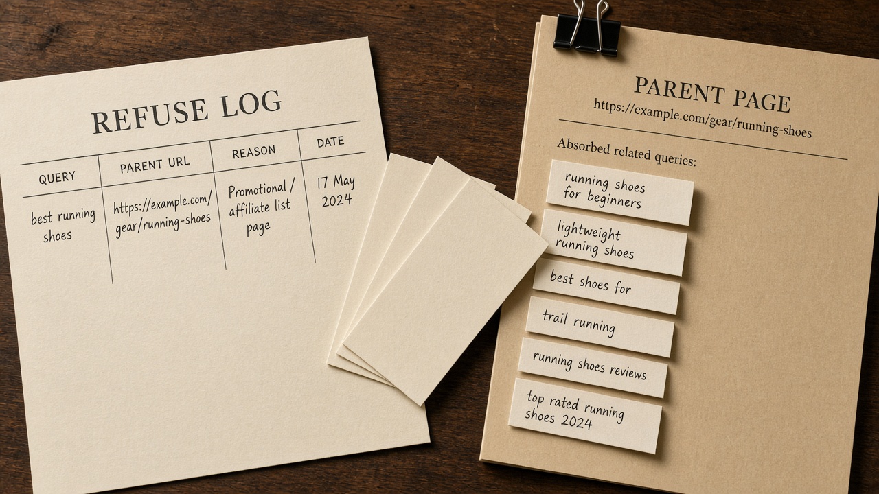Refuse log row beside a parent page absorbing related queries instead of a new URL for a thin long-tail