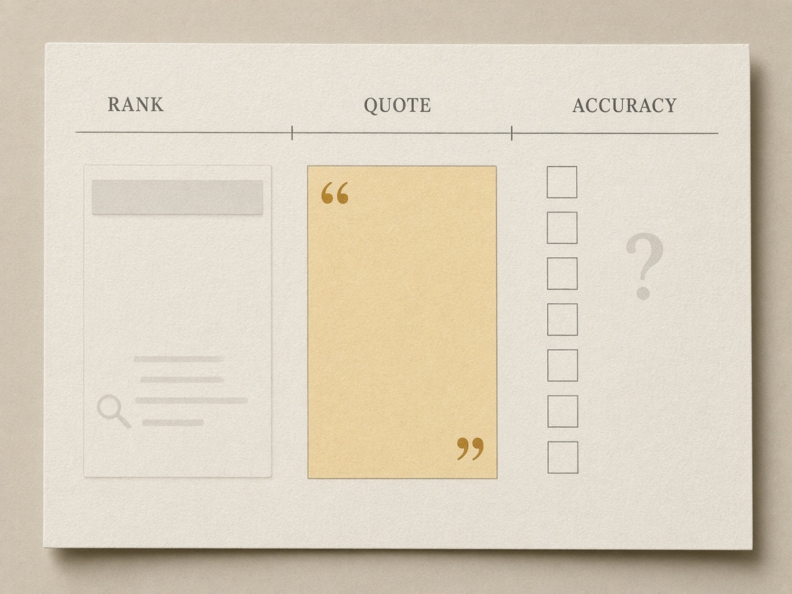 Three-column diagram showing an AI citation in Quote while Accuracy stays unchecked