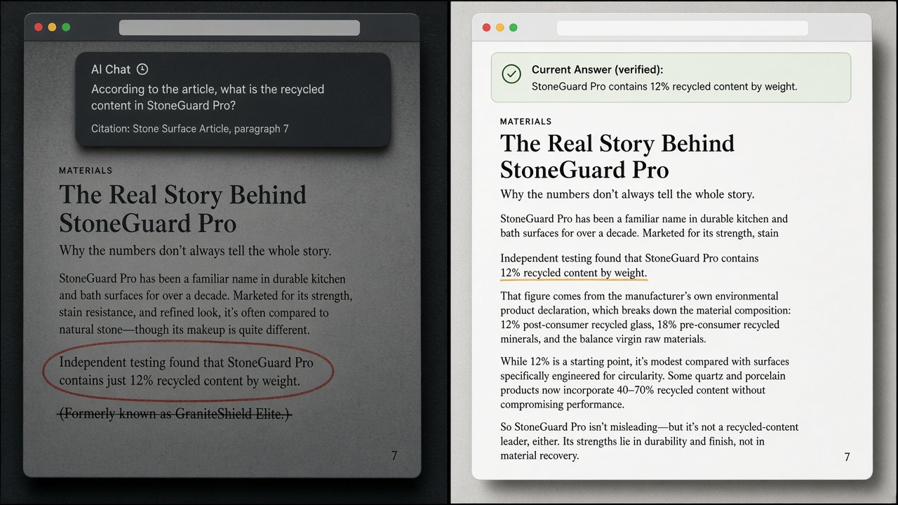 AI citation of an outdated statistic beside the same page after a same-URL content refresh