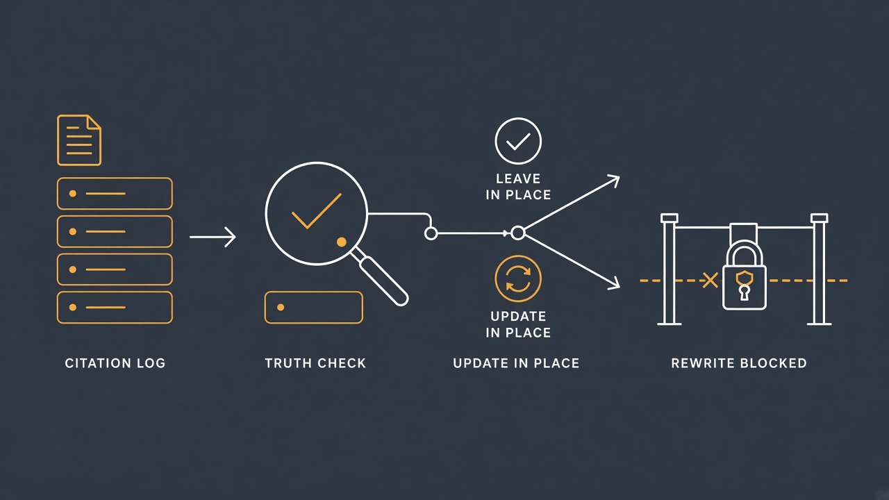 Citation log workflow from truth check to leave or update in place, with rewrite gated