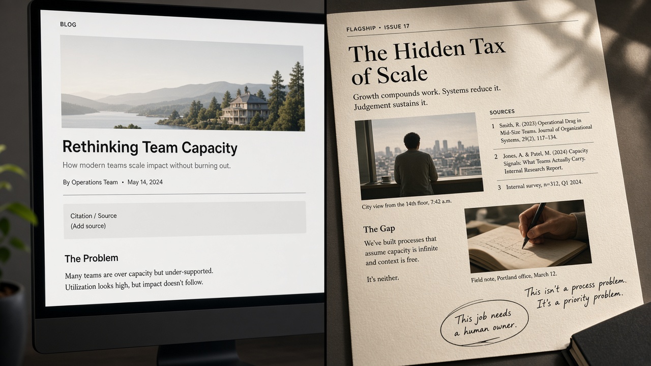 Thin generic AI article beside a trust-heavy page with original examples and named sources