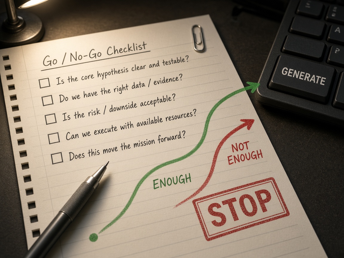 Five-question go/no-go checklist beside a generate button for AI content