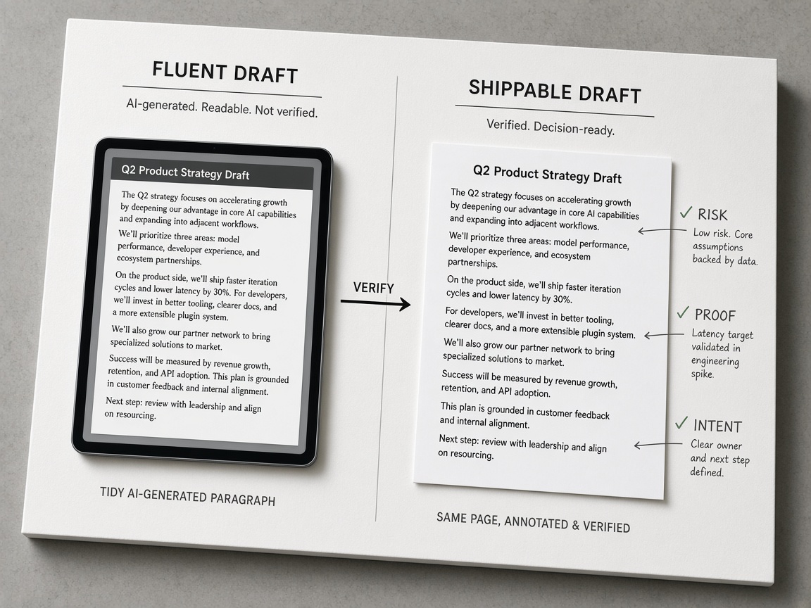 Decision diagram comparing a fluent AI draft to a shippable, verifiable draft