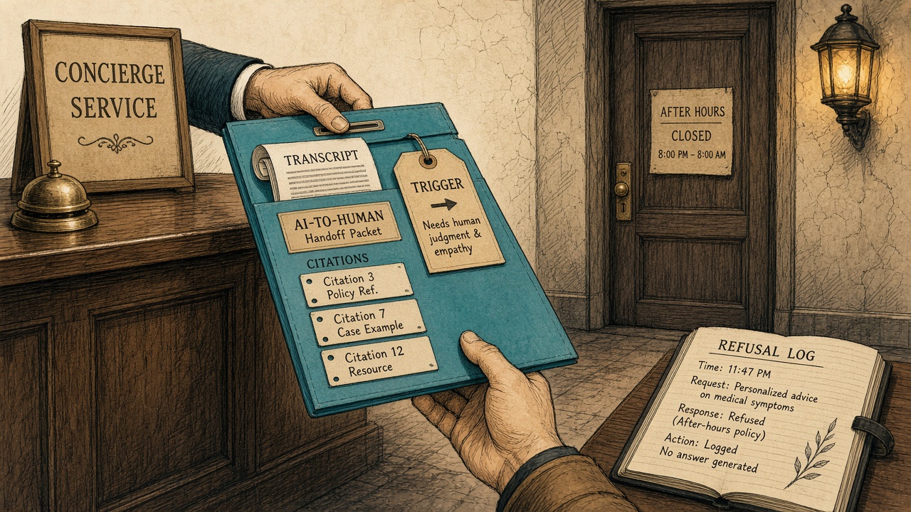 Handoff packet carrying transcript, trigger, and citations to a person, with after-hours refusals logged instead of a new answer.