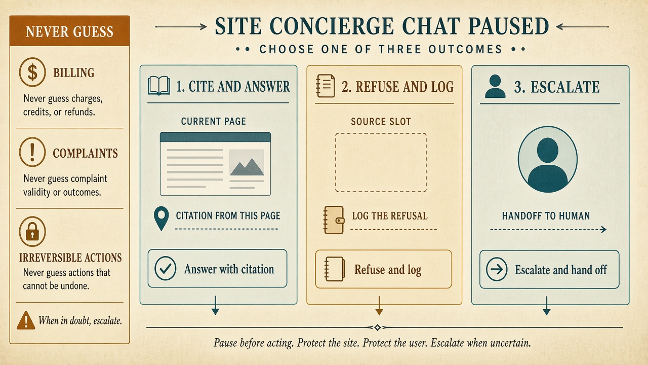 Diagram showing when AI assistant escalation rules should refuse a query instead of answering from an empty source.