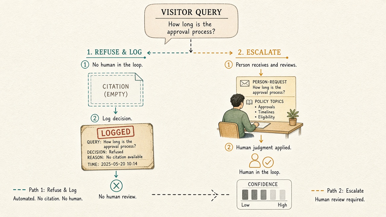 Two paths contrasting refusing a query and logging it versus escalating it to a person, with confidence not controlling policy.