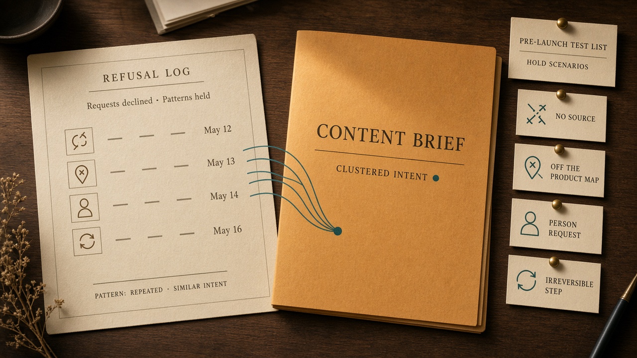 Refusal log clustering repeated intents into one content brief beside a short pre-launch test list of hold scenarios.