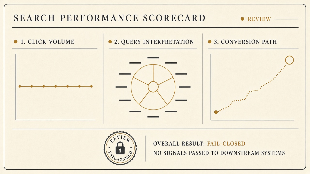 Search Console style scorecard of a content cluster that is not compounding, with flat clicks and split queries