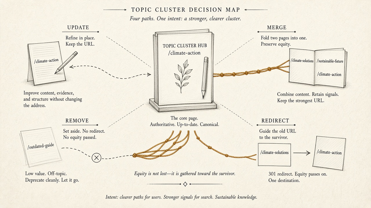 Decision map for a content pruning strategy: delete, merge, redirect, or update cluster pages