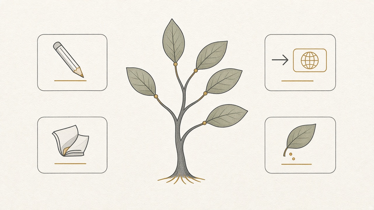 Content pruning strategy diagram with update, merge, redirect, and remove verdicts on one topic cluster