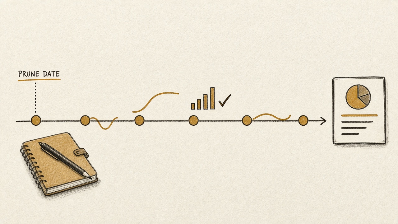 Quarterly review timeline for a lean team judging a content pruning strategy and later ROI