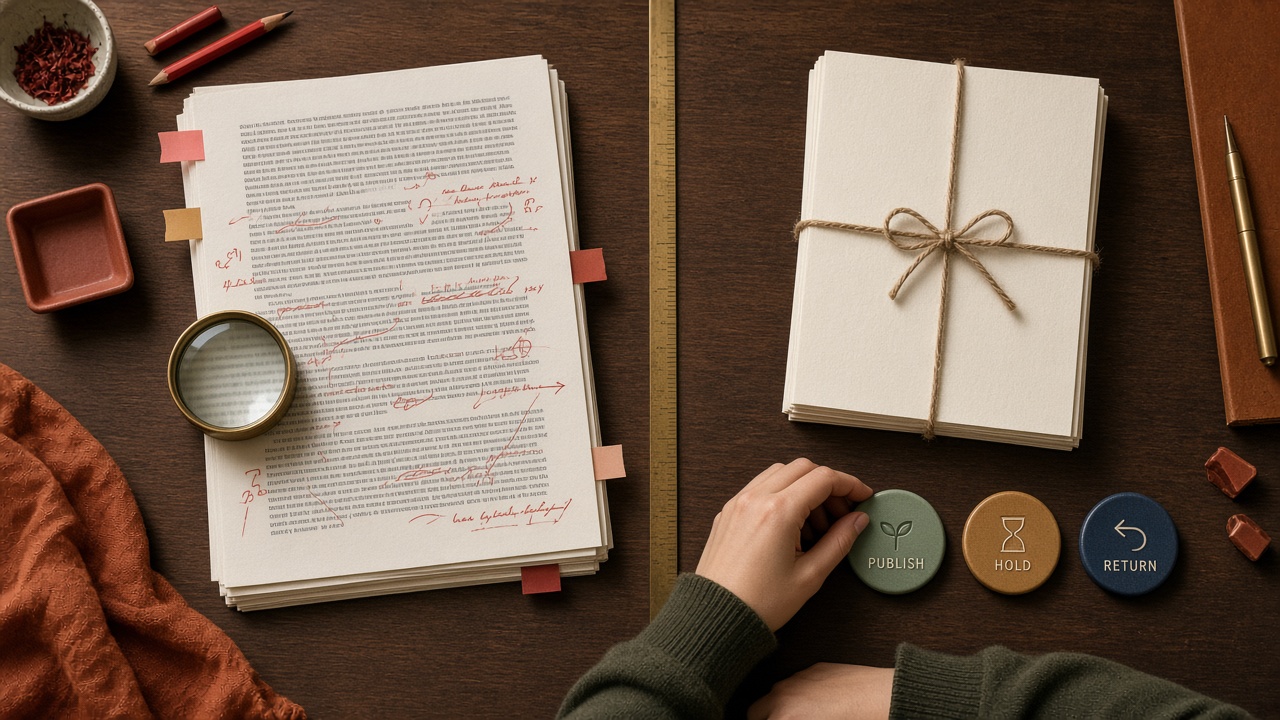 Reviewer comments beside one named approver choosing publish, hold, or return on an automated article