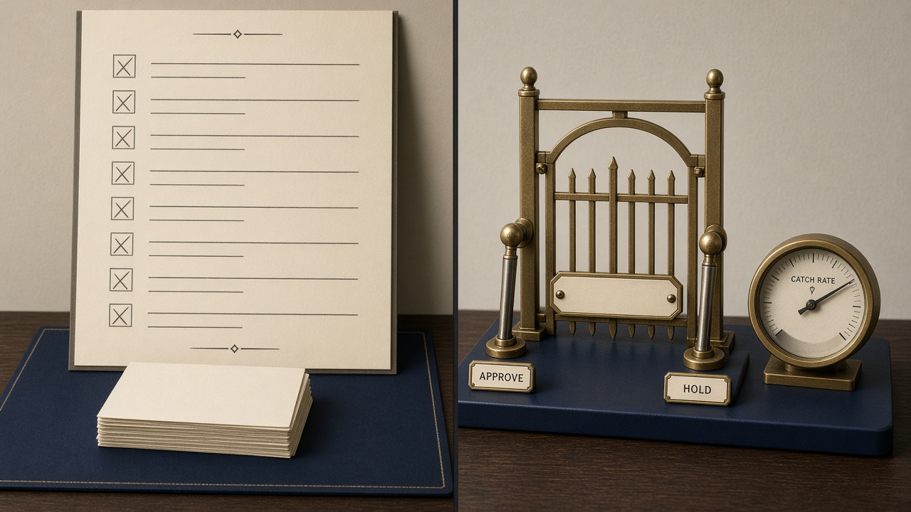QA checklist beside a named approve-or-hold workflow gate for an automated article