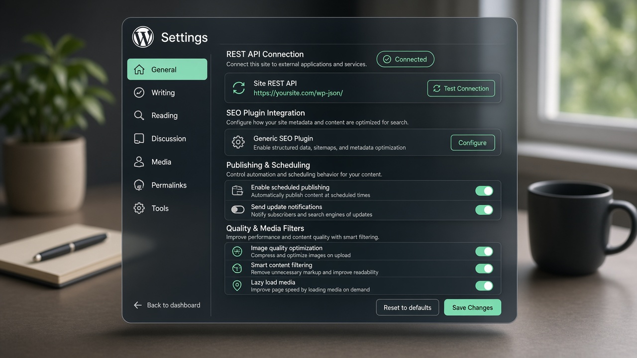 WordPress auto blogging setup essentials with API, SEO, schedule, and quality-filter controls