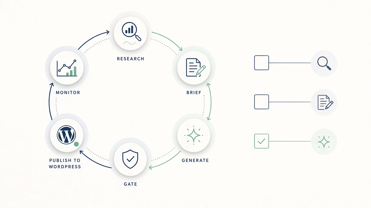 WordPress auto blogger decision checklist and circular research-to-publish workflow diagram