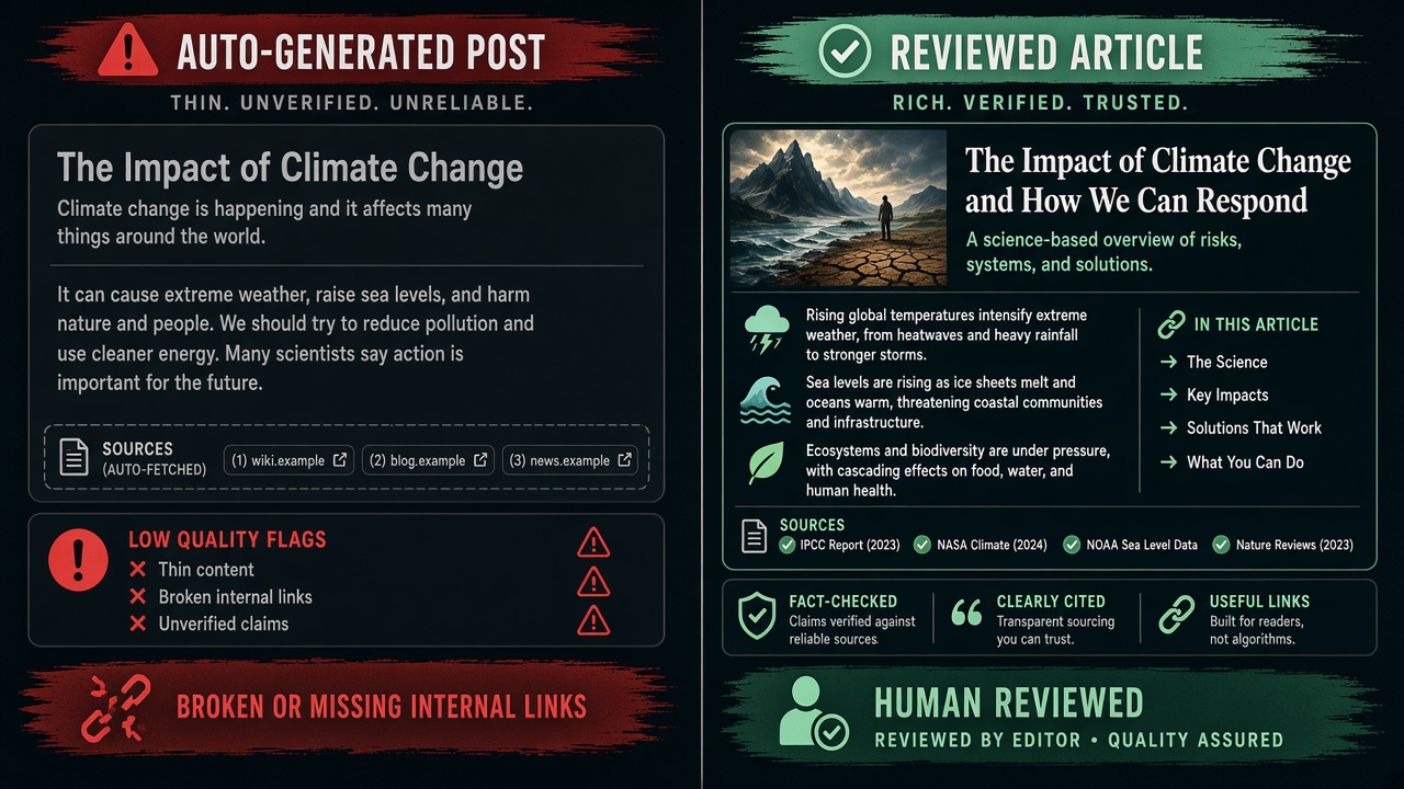 Comparison of risky thin WordPress auto blogger content versus a human-gated SEO article