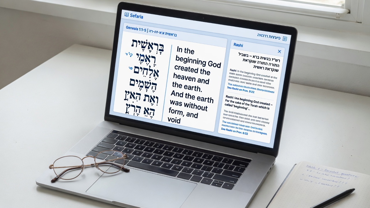 Laptop showing Sefaria bilingual Torah text and Rashi commentary as a free digital learning tool