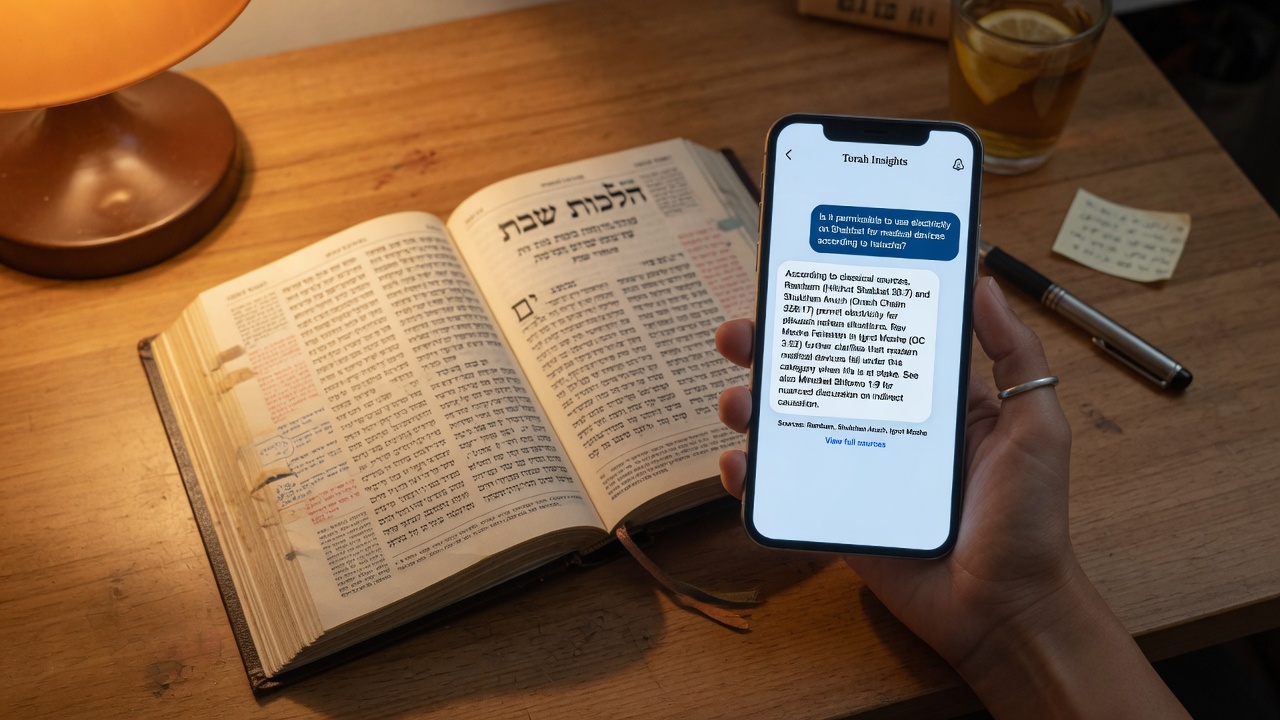 Smartphone AI Torah companion with source citations beside a physical sefer for wise digital study