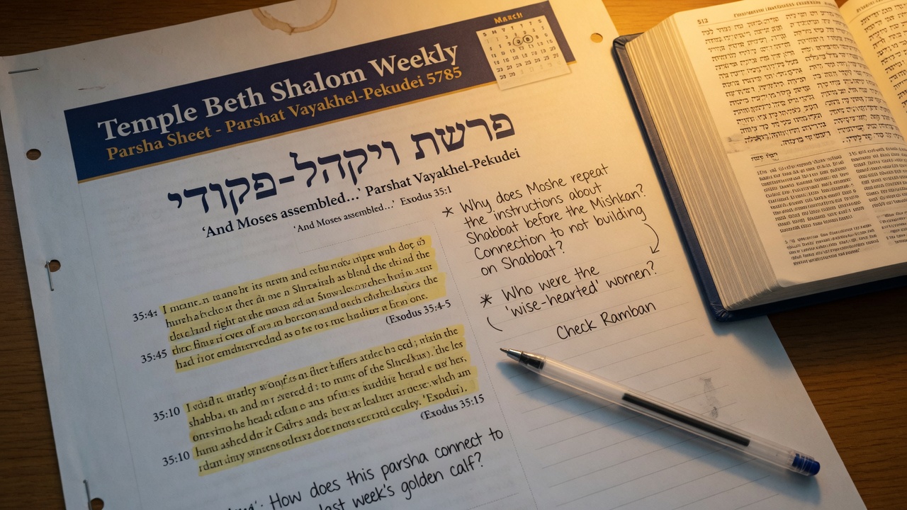 Weekly parsha calendar page beside open Chumash for beginners starting with Parashat Hashavua