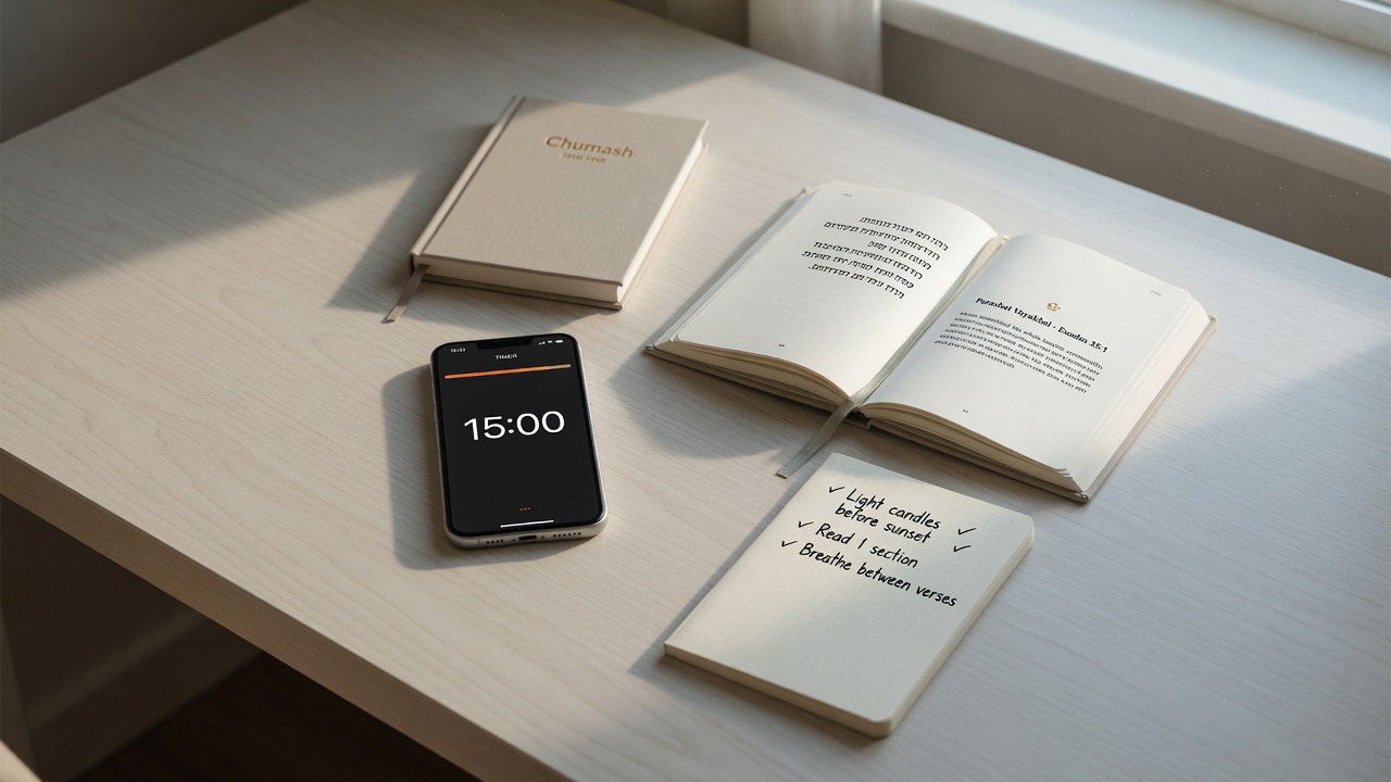 Minimal desk with 15-minute timer and open Chumash for tiny daily Torah study habits