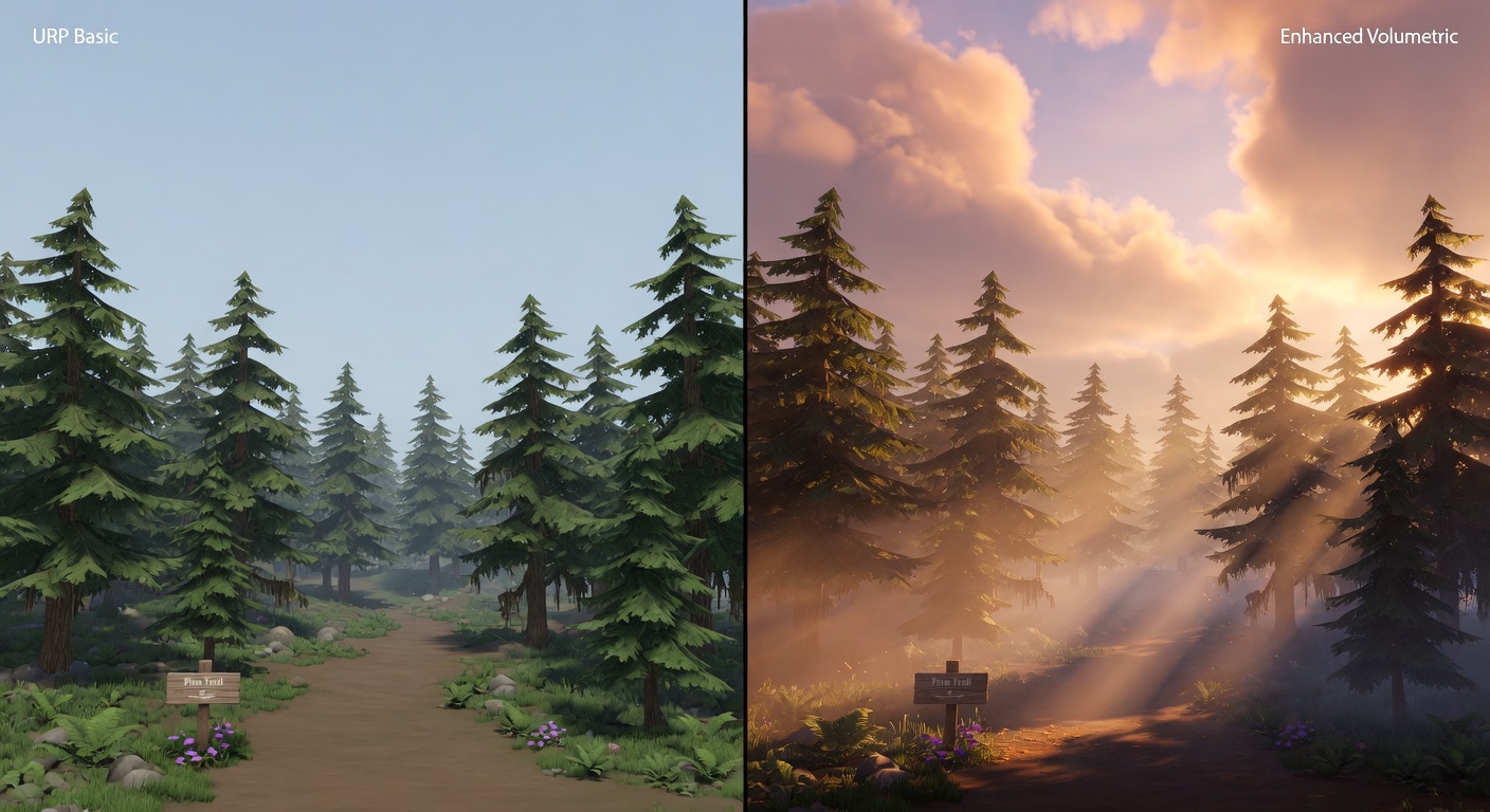 Unity URP before after volumetric clouds fog comparison scene
