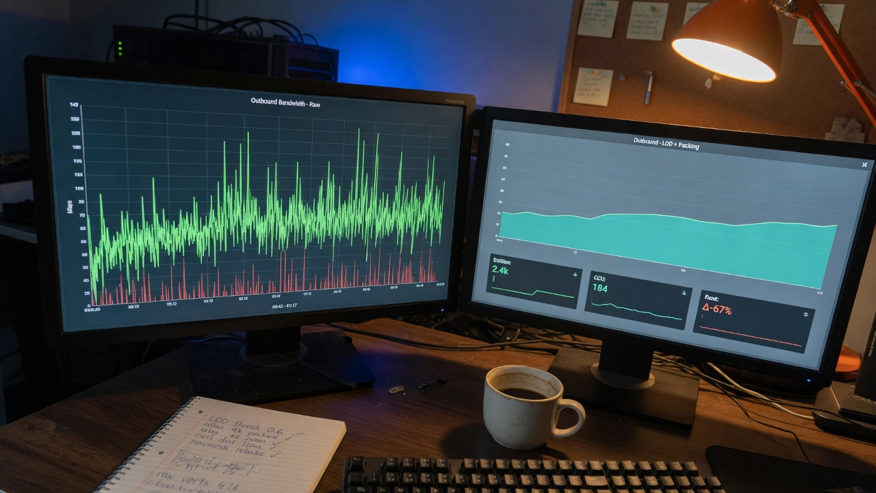 BandwidthDisplay benchmark graphs comparing Fish-Net egress before and after Network LOD and serialization packing in a dense IO session