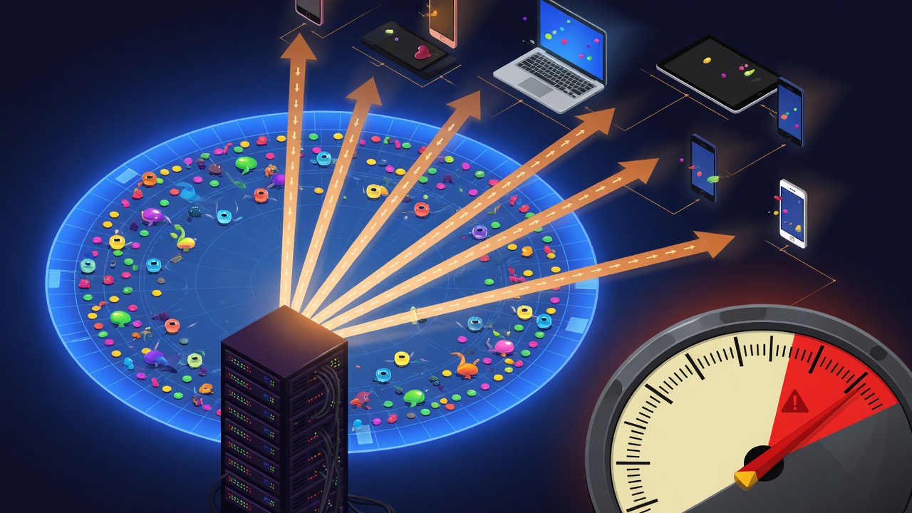 Dense IO game world diagram showing Fish-Net server egress bandwidth flowing to many browser clients and raising cloud costs