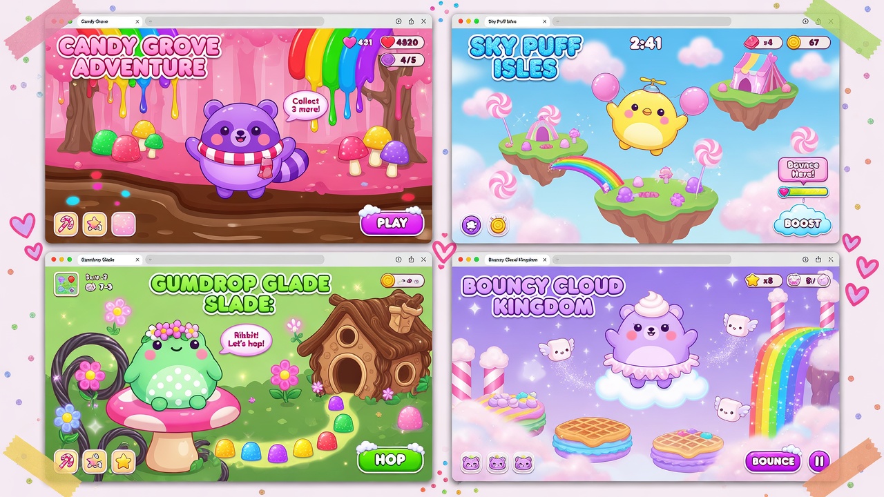 colorful fat-character browser game screenshots collage