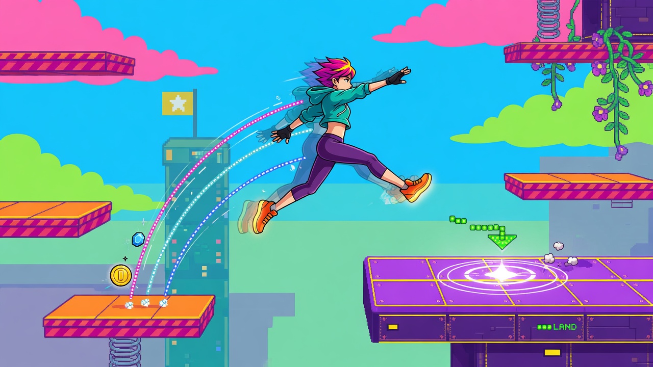 Traditional platformer core mechanics with slim agile character mid-jump