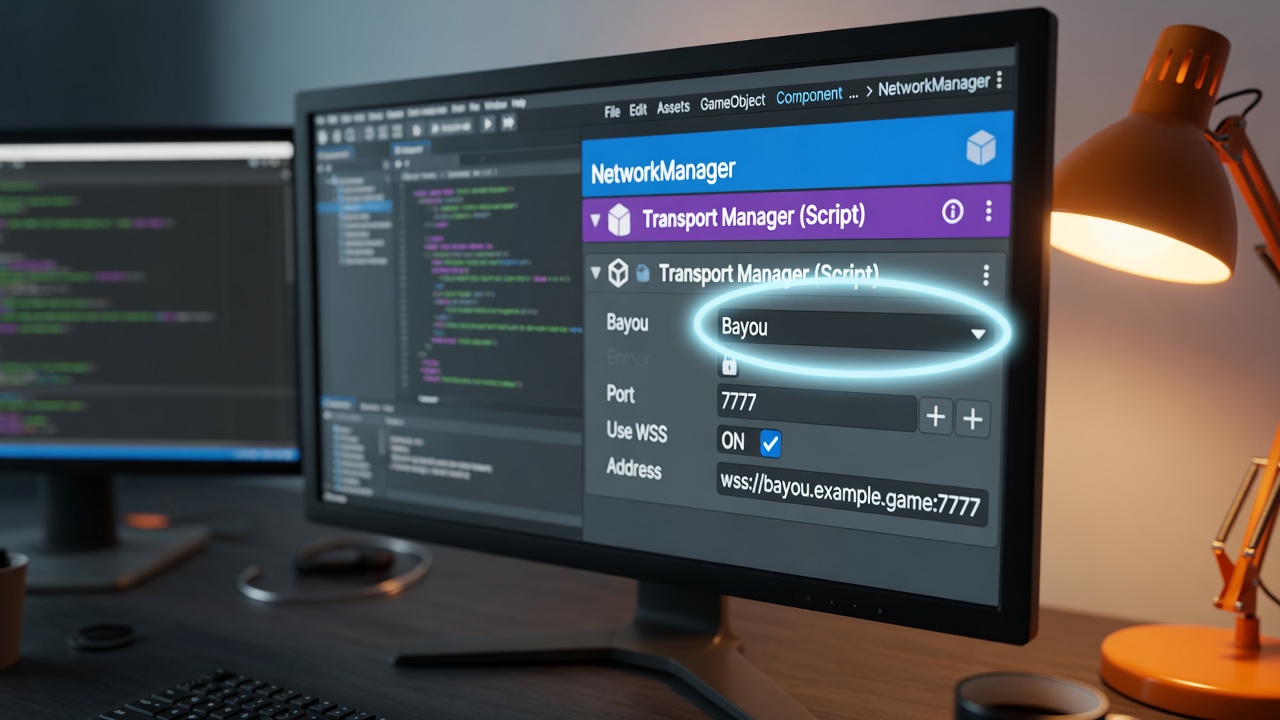 Unity Inspector showing Bayou assigned on Fish-Net Transport Manager for WebGL