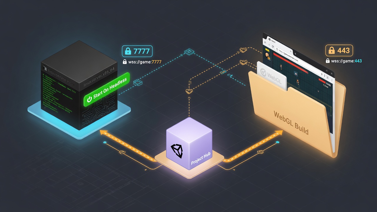 Dual build pipeline diagram for Fish-Net Bayou headless Linux server and WebGL client