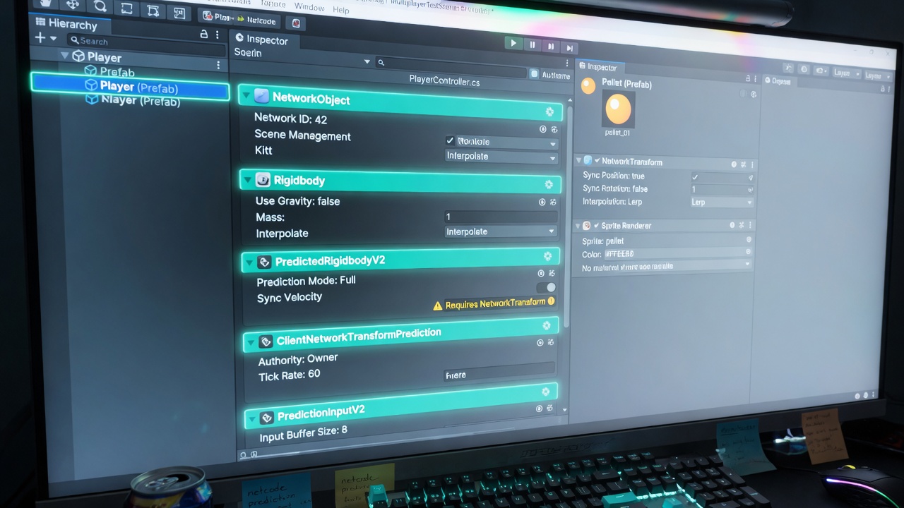 Unity inspector comparing PredictionV2 player rigidbody prefab to NetworkTransform-only pellet