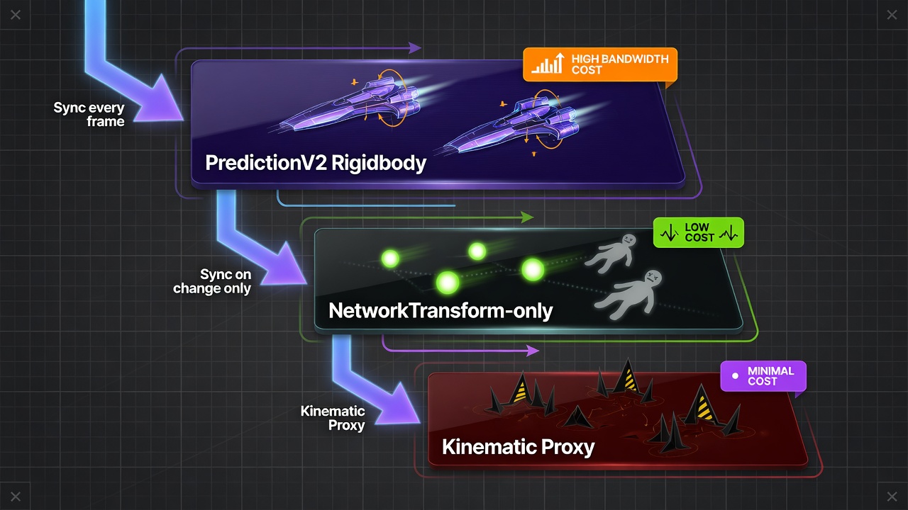 Diagram of Fish-Net entity sync tiers for NetworkTransform, PredictionV2, and kinematic IO objects