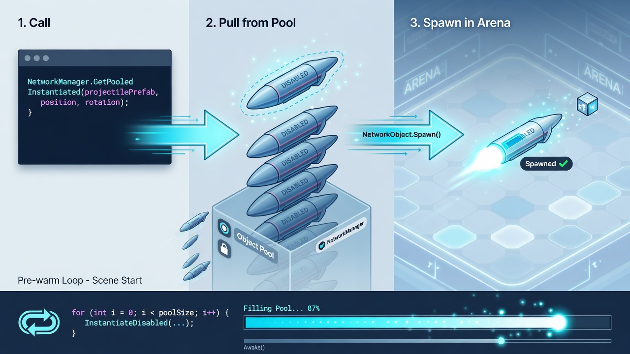 Fish-Net GetPooledInstantiated and Spawn flow with pre-warm pool diagram