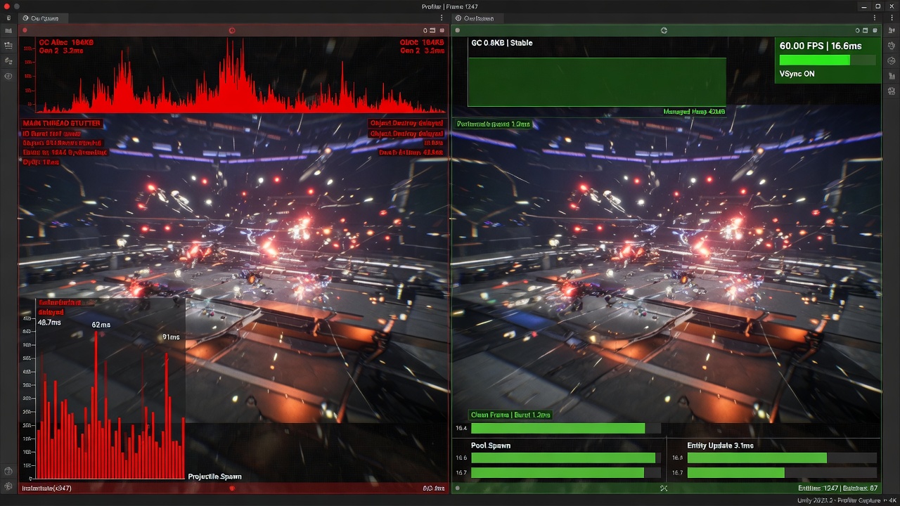 Fish-Net object pooling performance comparison showing GC spikes versus stable FPS