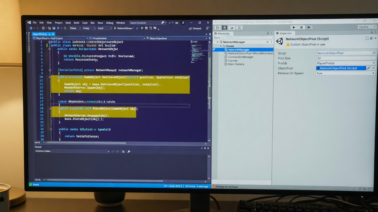 Custom Fish-Net ObjectPool subclass script and NetworkManager assignment in Unity
