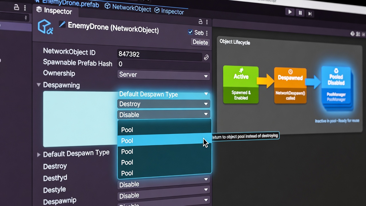 Fish-Net NetworkObject inspector with Default Despawn Type set to Pool