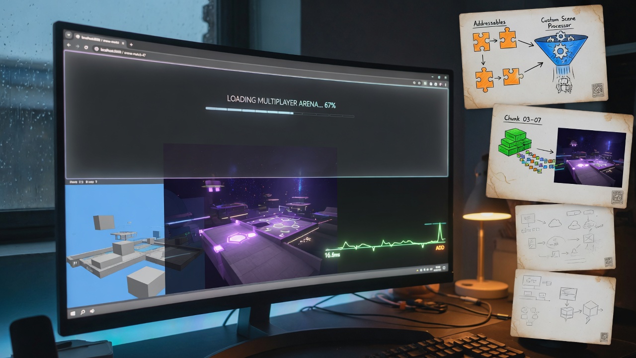 WebGL Unity URP multiplayer arena loading in browser with Addressables-backed Fish-Net scene processor pacing