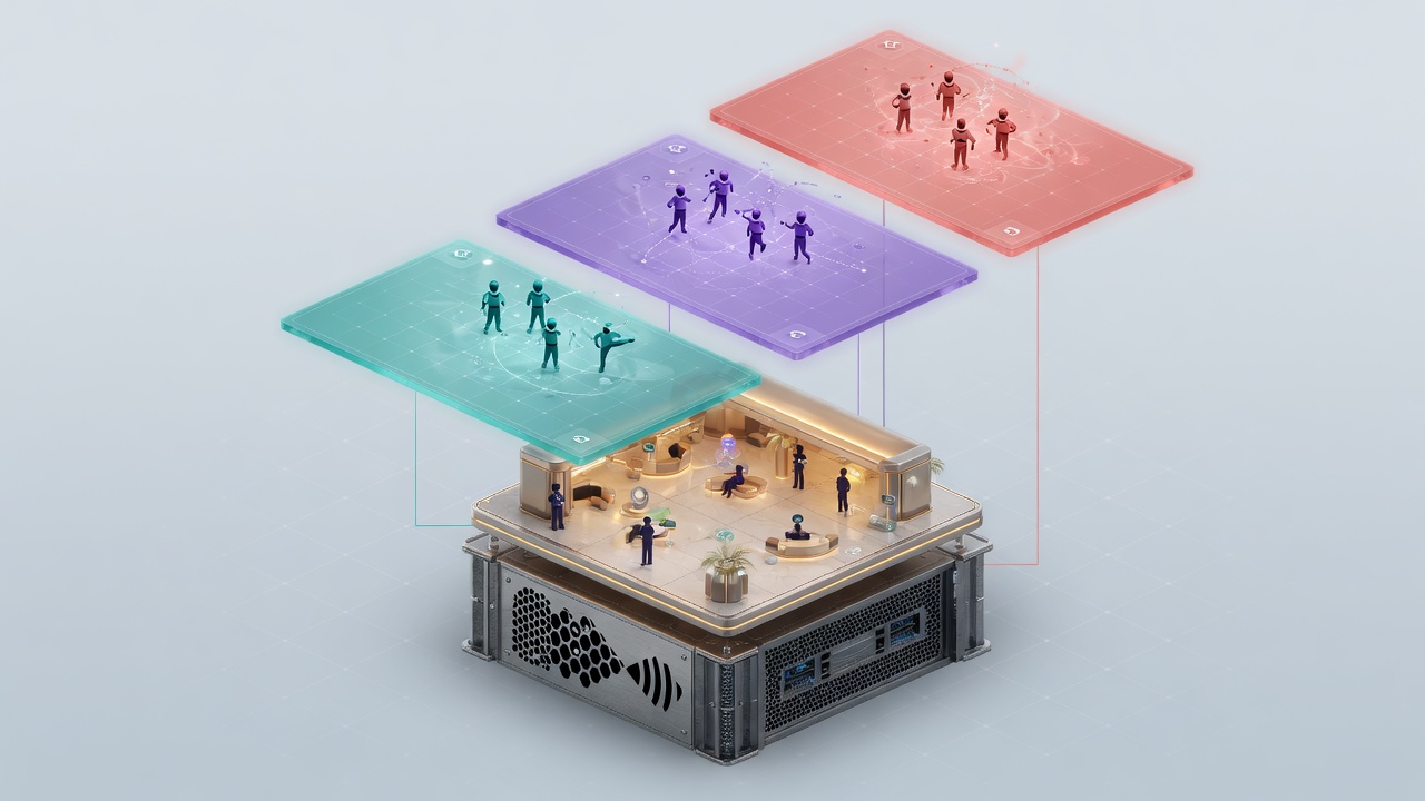 Diagram of Fish-Net server stacking concurrent connection-scoped arena scenes above a global hub for multiplayer matches
