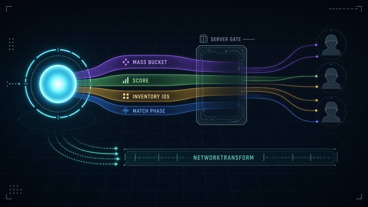 IO player entity diagram showing Fish-Net state channels, server gate, observers, and separate NetworkTransform path