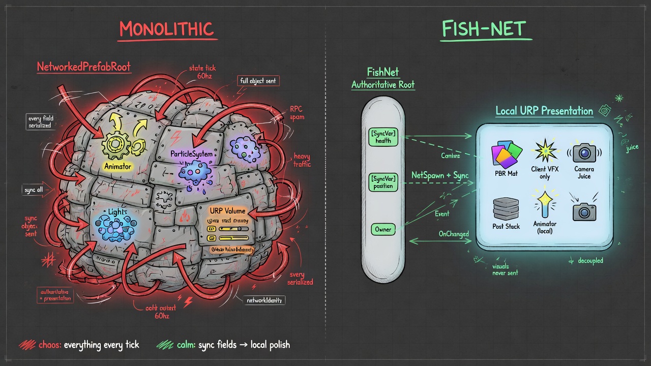 Anti-pattern monolithic Fish-Net prefab versus thin networked root with local URP presentation